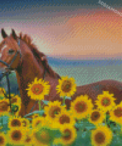 Brown Horse With Sunflowers Diamond Painting