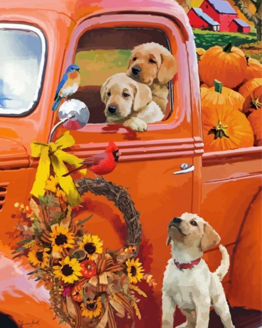 Cute Dogs In Autumn Art Diamond Paintings