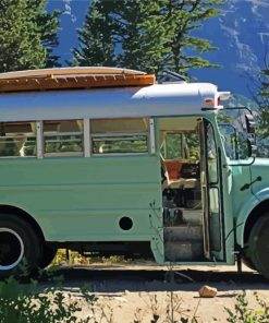 Green Skoolie Bus In The Mountain Diamond Paintings