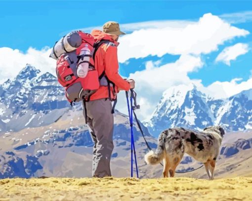 Hiking With Dog In Snowy Mountains Diamond Painting