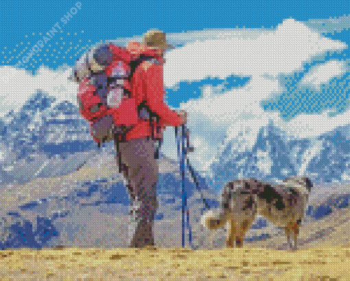 Hiking With Dog In Snowy Mountains Diamond Painting