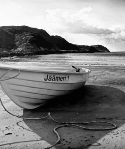 Monochrome Beach With Row Boat Diamond Paintings