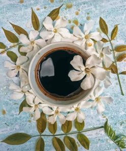 Coffee And White Flowers Diamond Painting