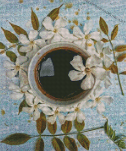 Coffee And White Flowers Diamond Painting