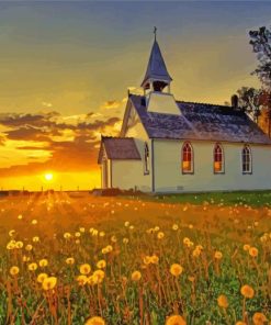 Country Church At Sunset Diamond Painting