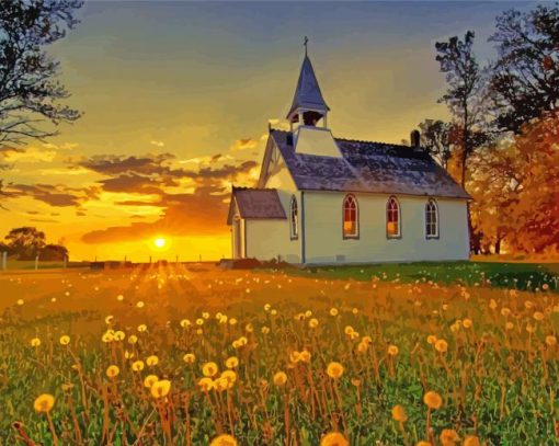 Country Church At Sunset Diamond Painting