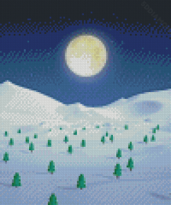 Snowy Mountains Full Moon Illustration Diamond Painting
