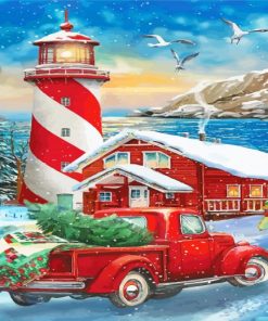 Sunset Winter Christmas Lighthouse Diamond Painting