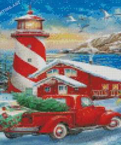 Sunset Winter Christmas Lighthouse Diamond Painting