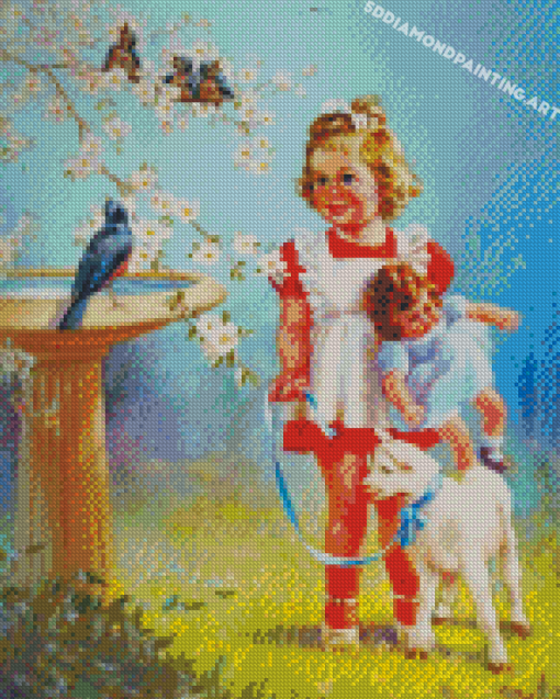 Young Girl With Cute Lamb Diamond Painting