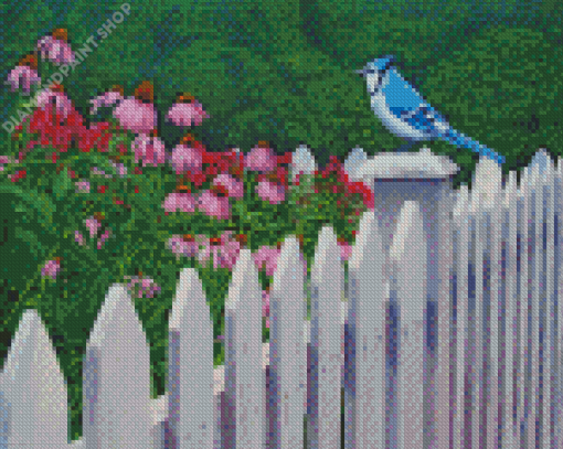 Blue Bird On White Picket Fence Diamond Painting