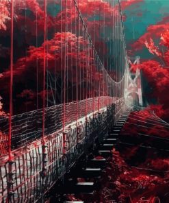Nature Landscape Red Tree Forest And Bridge Diamond Painting