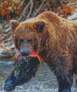 Bear Fishing Red Fish Diamond Painting