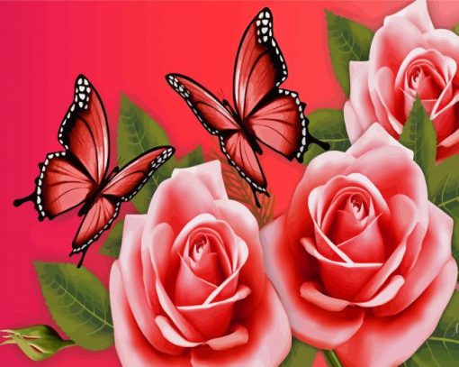 Pink Roses With Butterfly Diamond Painting