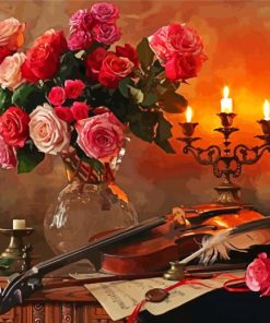 Aesthetic Still Life With Roses And Violin Diamond Painting
