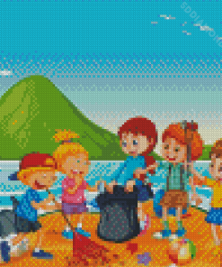 Beach Scene With A Group Children Cleaning Diamond Painting