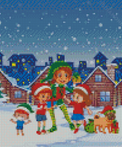 Elf And Children In The Winter Town Diamond Painting