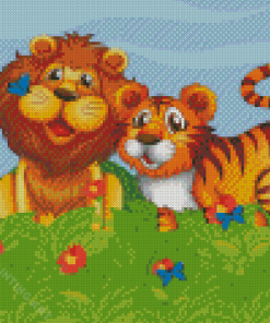 Lion Tiger And Butterflies In The Garden Diamond Painting
