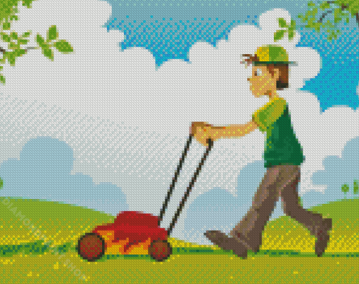 Man Mowing Grass Diamond Painting