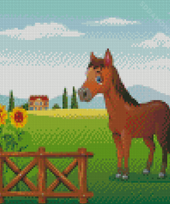 Cartoon Brown Horse In Farm Diamond Painting