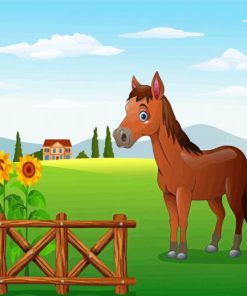 Cartoon Brown Horse In Farm Diamond Painting