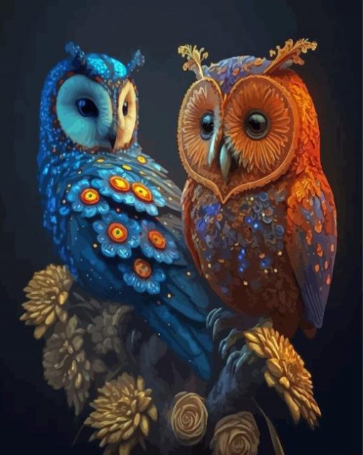 Orange And Blue Owls Diamond Painting