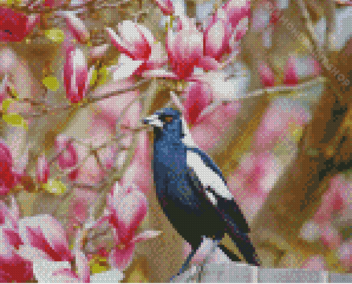 Australian Magpies With Pink Tree Diamond Painting