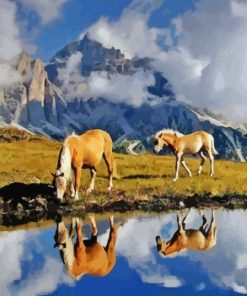 Haflinger Horses Water Reflection Diamond Painting