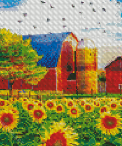Sunflower And Old Red Barn Diamond Painting