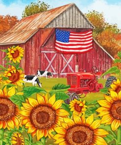 Sunflower And Old Barn Garden Diamond Painting