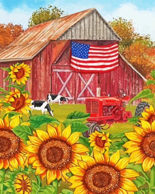 Sunflower And Old Barn Garden Diamond Painting