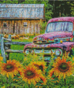 Sunflowers Farm And Old Truck Diamond Painting