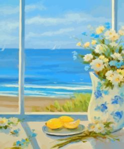 Beach Daisies Blue Vase With Lemons Diamond Painting
