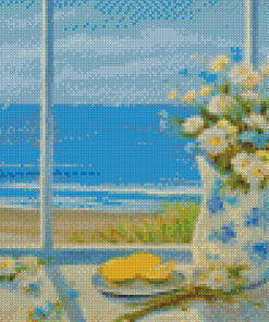 Beach Daisies Blue Vase With Lemons Diamond Painting