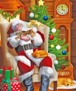 Sleepy Santa With Cats Diamond Painting