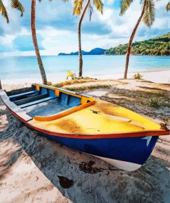 Tropical Beach Boat Palm Trees Diamond Painting