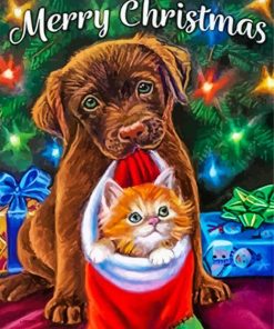 Christmas Dog With Cat Diamond Painting