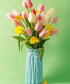 Daffodil And Tulips In Blue Vase Diamond Painting