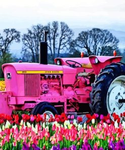 Pink Tractor In Flowers Field Diamond Painting