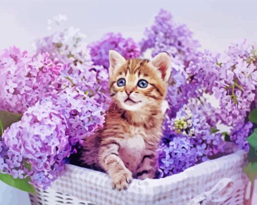 Purple Flowers Cat Diamond Painting