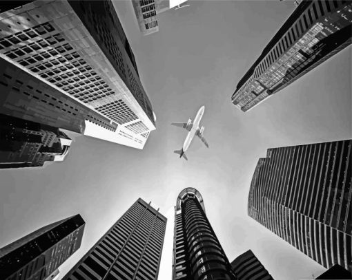 Black And White A Plane And Skyscrapers Diamond Painting