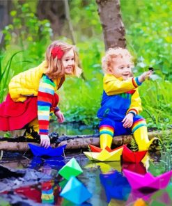 Children Playing In Rain Diamond Painting