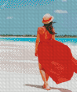 Lady In Red Dress On The Beach Diamond Painting