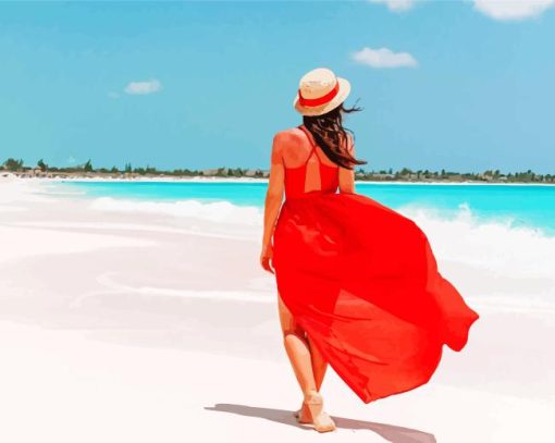 Lady In Red Dress On The Beach Diamond Painting