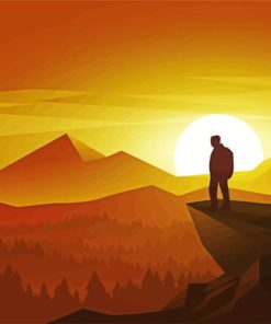 Man On Hill Top At Sunset Vector Diamond Painting