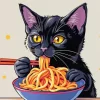 Black Cat Eating Noodles Diamond Painting