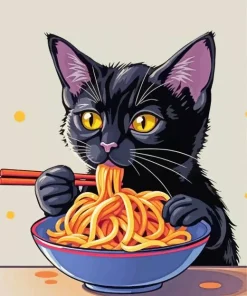 Black Cat Eating Noodles Diamond Painting