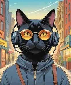 Black Cat Listening To Music Diamond Painting