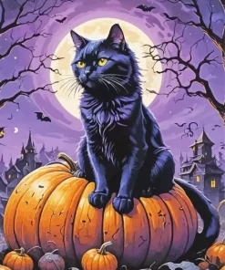 Black Cat Sitting On A Pumpkin Diamond Painting