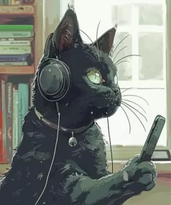 Black Cat Wearing Headphones Diamond Painting